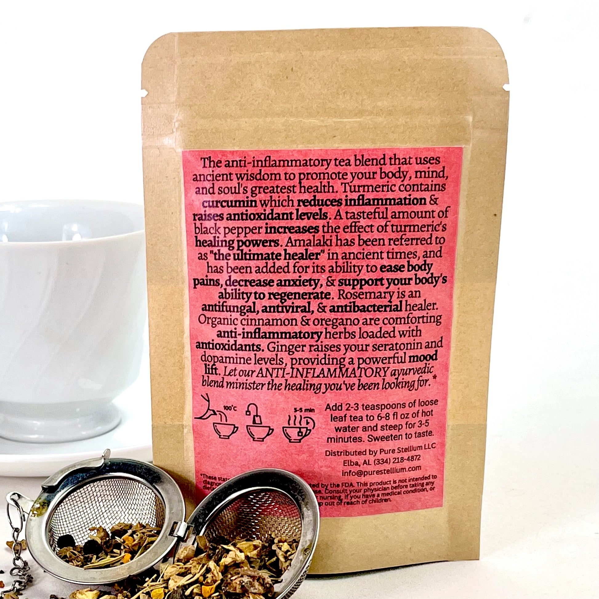 The package of an Elemental Life Product's anti-inflammatory loose leaf tea product with raw ingredients and a tea ball