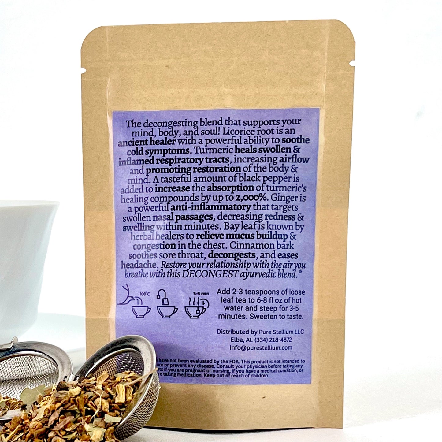 The package an Elemental Life Product's decongesting loose leaf tea product with raw ingredients and a tea ball
