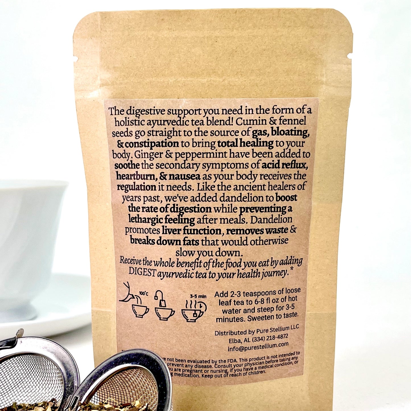 The package of Elemental Life Product's Digest loose leaf tea with raw ingredients
