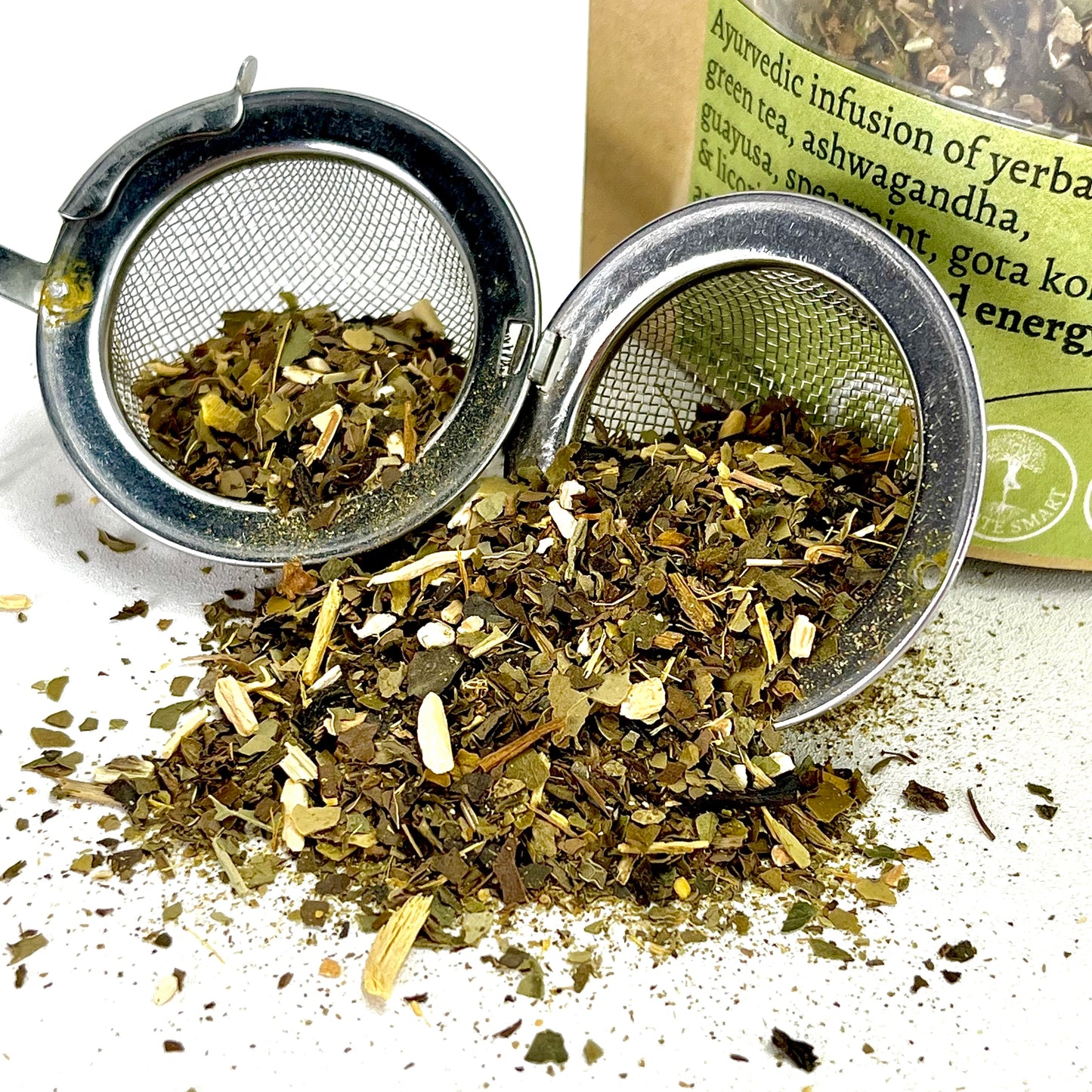 Elemental Life Product's loose leaf tea of yerba mate, green tea, ashwagandha, guayusa, spearmint, gota kola, and licorice
