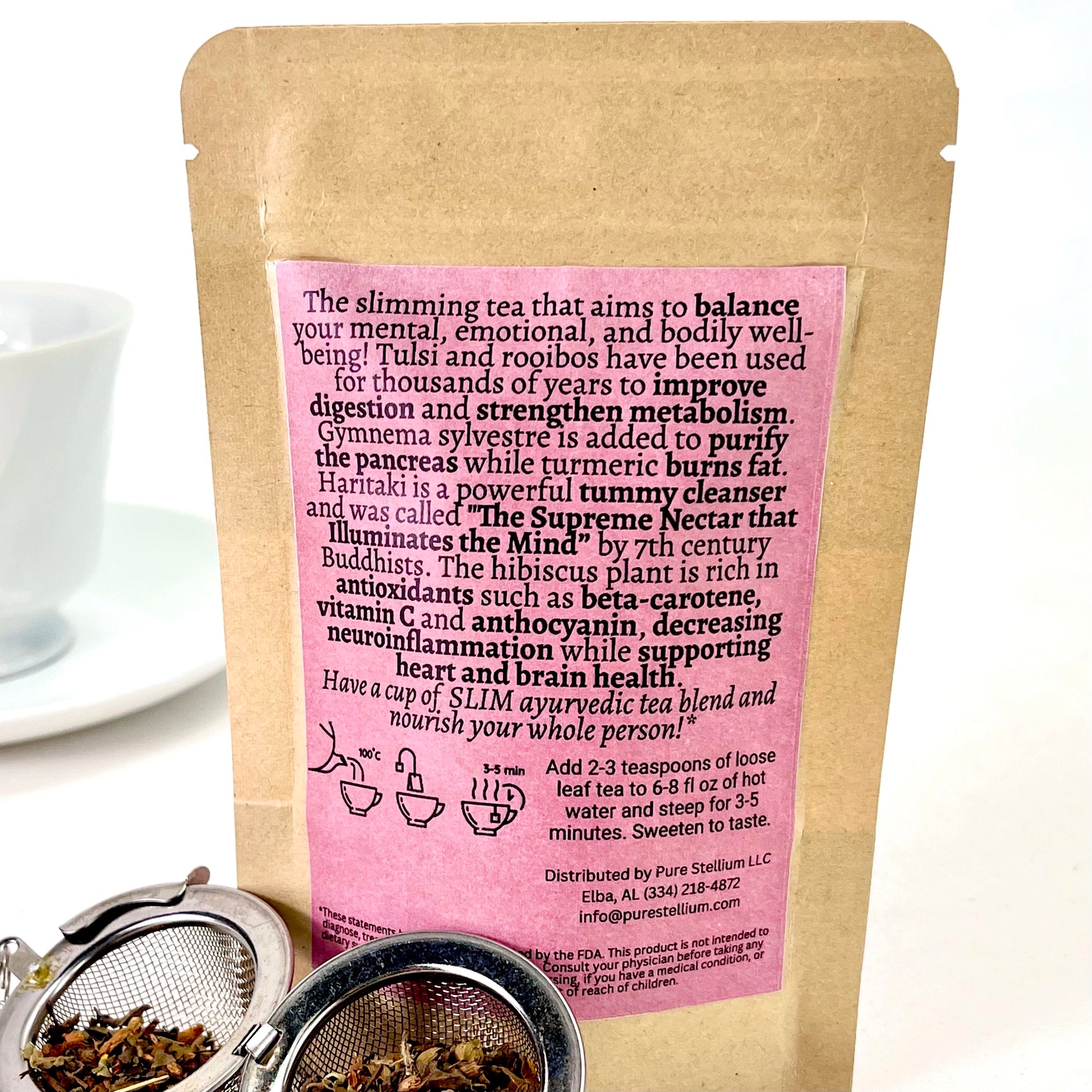 A package of Elemental Life Product's Slim loose leaf tea with open tea ball and ingredients