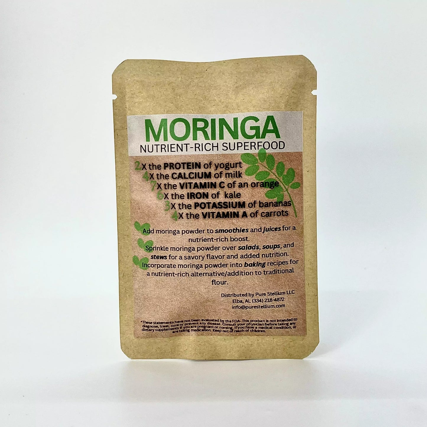 Backside of Elemental Life Product's Single Pack of Powdered Moringa on white background